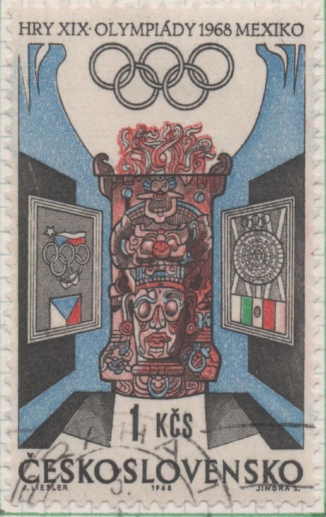 Sello E01491: hoja 95, Checoslovaquia: Sello Multicolor, dentado. Olimpiadas de Mexico. Emblemas y tótem, 1 Koruna