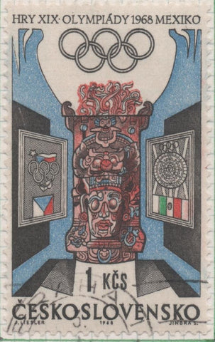 Sello E01491: hoja 95, Checoslovaquia: Sello Multicolor, dentado. Olimpiadas de Mexico. Emblemas y tótem, 1 Koruna