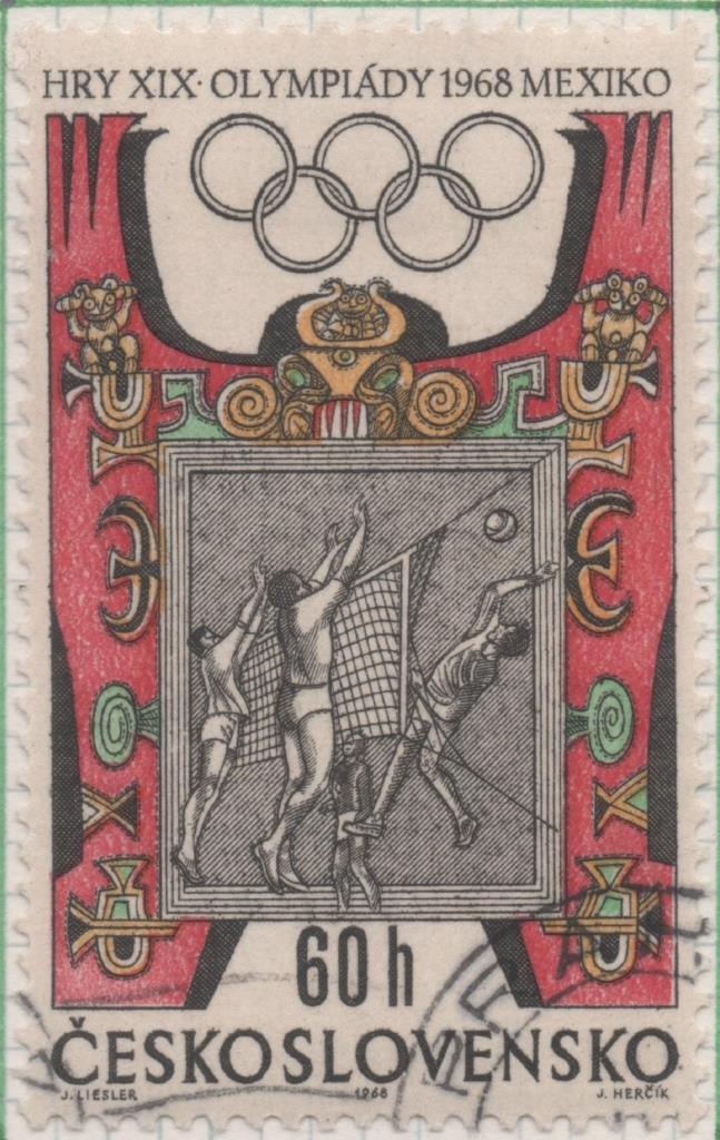 Sello E01490: hoja 95, Checoslovaquia: Sello Multicolor, dentado. Olimpiadas de Mexico. Voleibol y ornamentos aztecas, 60 Haleru