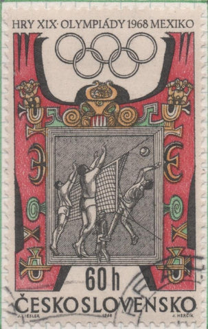 Sello E01490: hoja 95, Checoslovaquia: Sello Multicolor, dentado. Olimpiadas de Mexico. Voleibol y ornamentos aztecas, 60 Haleru