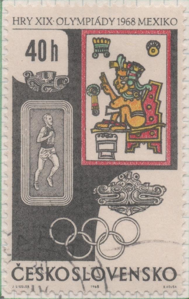 Sello E01489:. Hoja 95, Checoslovaquia: Sello Multicolor, dentado. Olimpiadas de Mexico.  Emil Zatopek y Quetzalcoatl, 40 Haleru