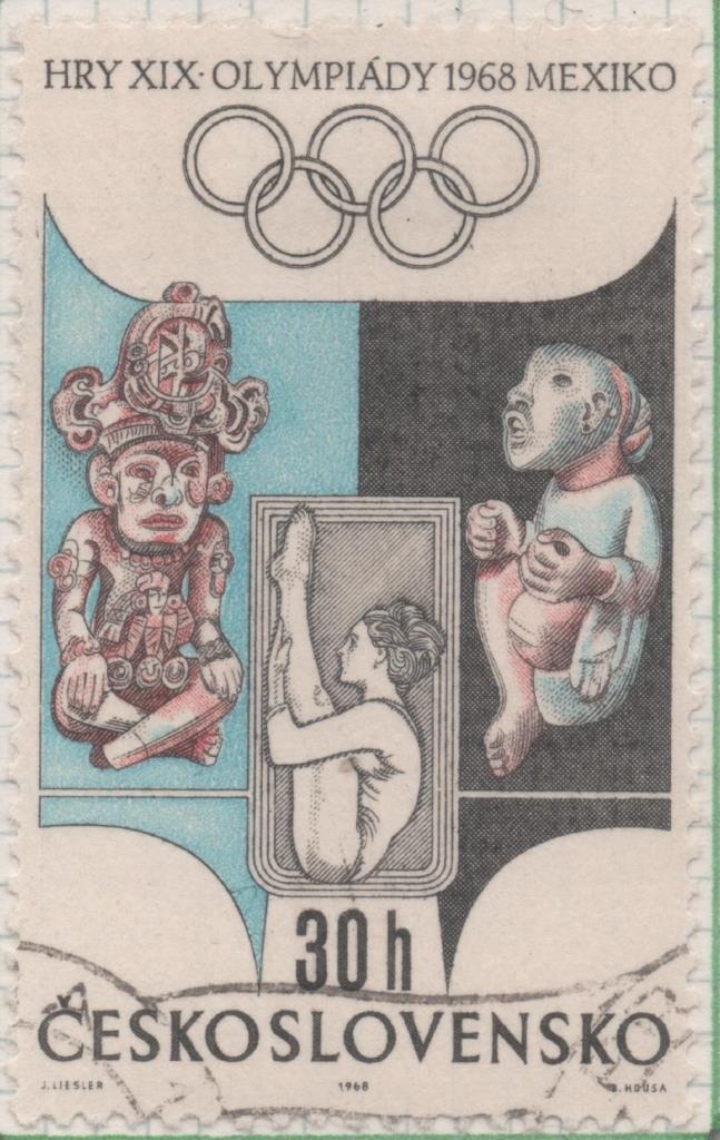 Sello E01488: hoja 95, Checoslovaquia: Sello Multicolor, sentado. Olimpiadas de Mexico.  Gimnasta y estatuas precolombinas, 30 Haleru