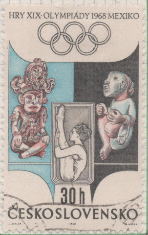 Sello E01488: hoja 95, Checoslovaquia: Sello Multicolor, sentado. Olimpiadas de Mexico.  Gimnasta y estatuas precolombinas, 30 Haleru