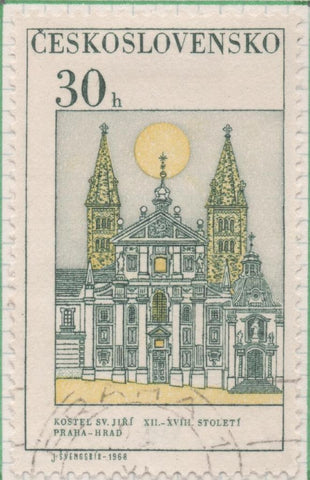 Sello E01502: hoja 97, Checoslovaquia: Sello Verde y amarillo, dentado. Expo. Internacional de Filatélia"praga 68". Basílica de San Jorge, castillo de Praga, 30 Haleru