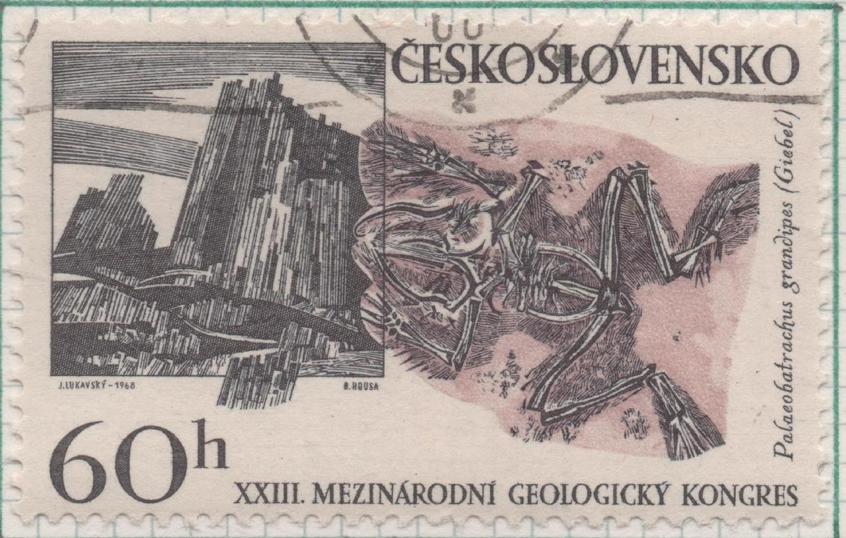 Sello E01519: hoja 98, Checoslovaquia: Sello Gris y rosa, dentado. Congreso Internacional de Gelogia. Basalt Columns y Fossilised Frog, 60 Haleru