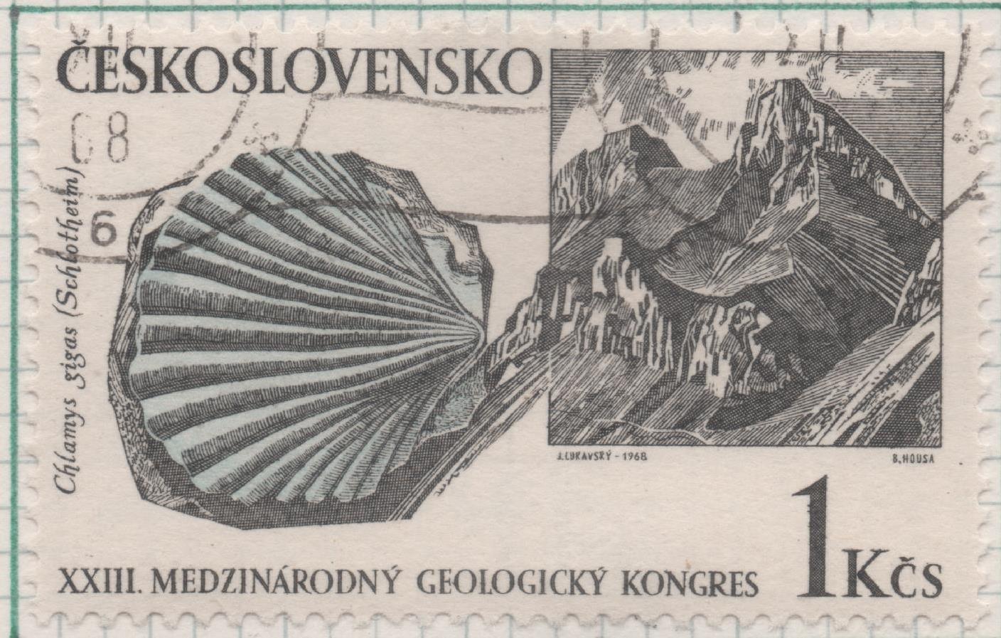 Sello E01521: hoja 98, Checoslovaquia: Sello Gris y azul, dentado. Congreso Internacional de Geología. Paisaje de Tatra y chlamys gigas, 1 Koruna