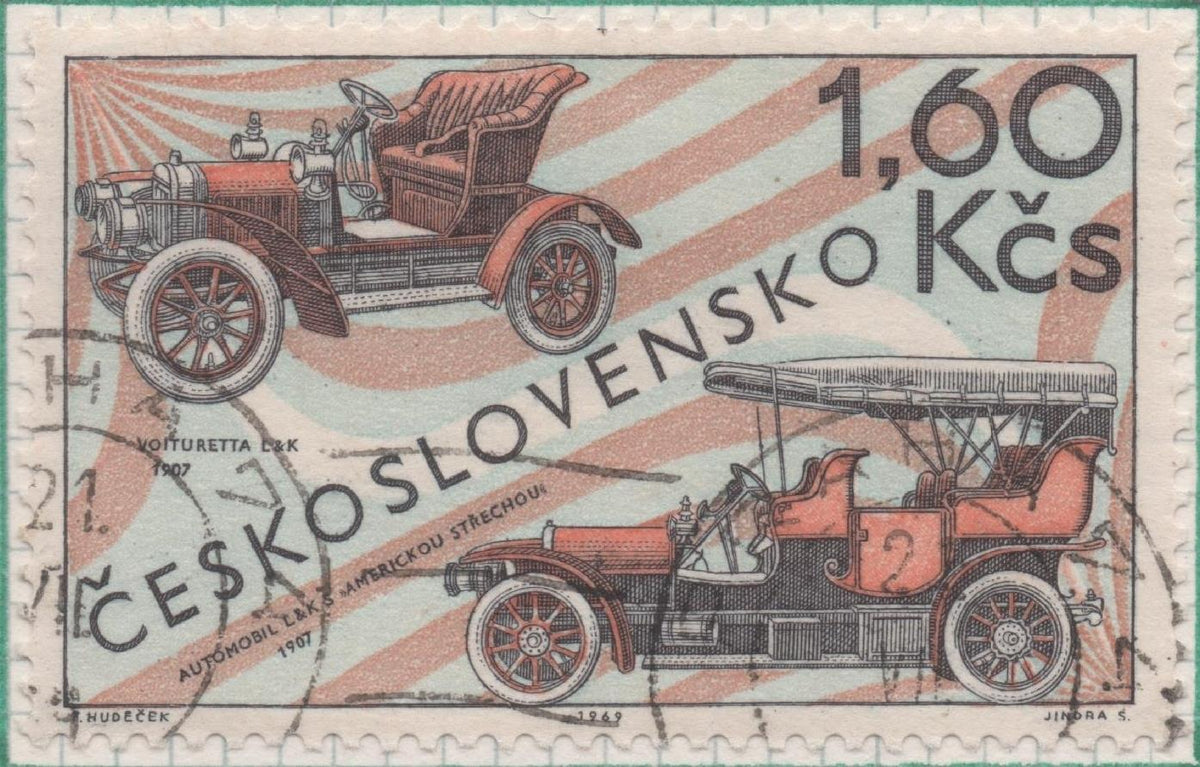 Sello E01551: hoja 100, Checoslovaquia: Sello Multicolor, dentado. Auatomoviles. Laurin & Klement. 1907, 1 60 Koruna