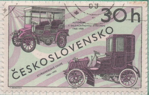 Sello E01550: hoja 100, Checoslovaquia: Sello Multicolor, dentado. Automoviles. Baldachino y coupé. 1900 - 1905, 30 haleru
