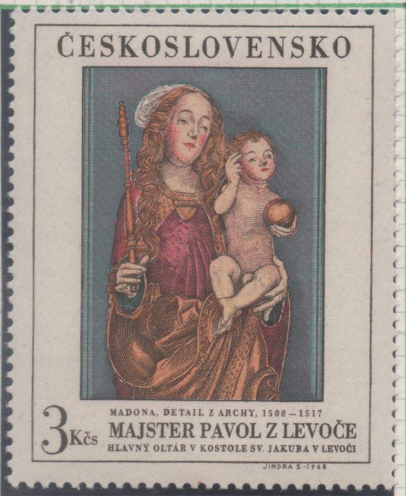 Sello E01541: hoja 99, Checoslovaquia: Sello Multicolor, dentdo. Pinturas Galeria Nacional de Praga. Virgen con niño. Paul de Levoca, 1518, 3 Koruna