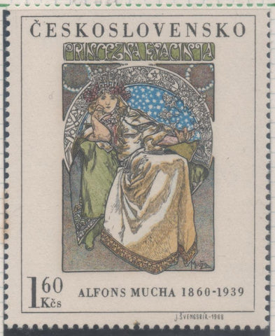 Sello E01540: hoja 99, Checoslovaquia: Sello Multicolor, dentado. Pinturas Galeria Nacional de Praga. Princesa Hyacinth. A. Mucha, 1860-1939, 1,60 Koruna
