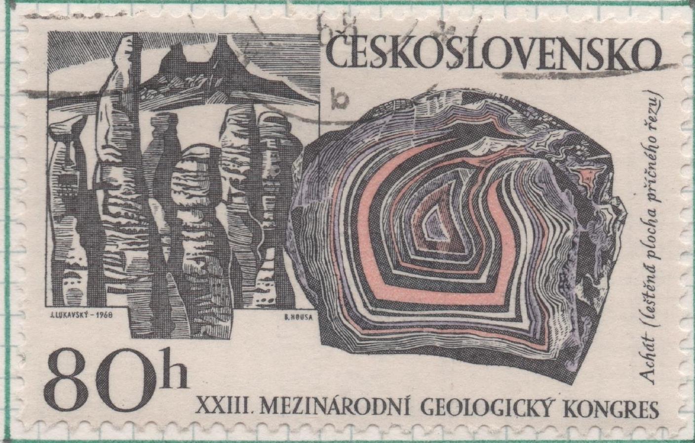 Sello E01520: hoja 98, Checoslovaquia: Sello Gris y naranja, dentqado. Congreso Internacional de Gelogía.  Paraíso bohemio y Ágata, 80 Haleru