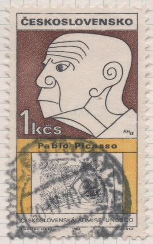 Sello E01534: hoja 98, Checoslovaquia: Sello Multicolor, dentado. Caricaturas personajes populares sigle XX. Pablo Picasso, 1 Koruna