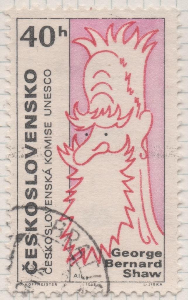 Sello E01532: hoja 98, Checoslovaquia: Sello Multicolor, dentado, Caricaturas personajes populares siglo XX. George Bernard Shaw, 40 Haleru