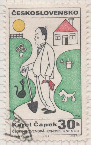 Sello E01531: hoja 98, Checoslovaquia: Sello Multicolor, dentado. Caricaturas personajes populares siglo XX. Karel Čapek, 30 Haleru 