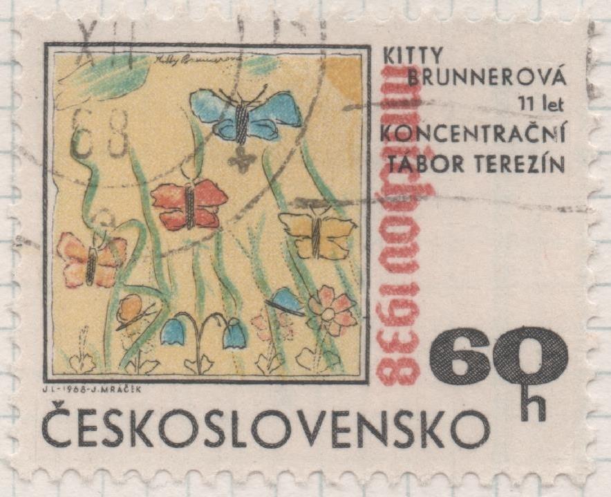 Sello E01529: hoja 98, Checoslovaquia. Sello Multicolr, dentado.  XXX Aniversario de los acuerdos de Munich. Dibujos de los niños del campo de concentración de Terezin, 60 Haleru