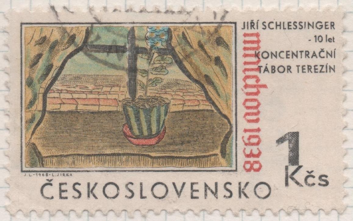 Sello E01528: hoja 98, Checoslovaquia: Sello Multicolor, dentado. XXX Aniversario de los acuerdos de Munich. Dibujos de los niños del campo de concentración de Terezin, 1 Koruna