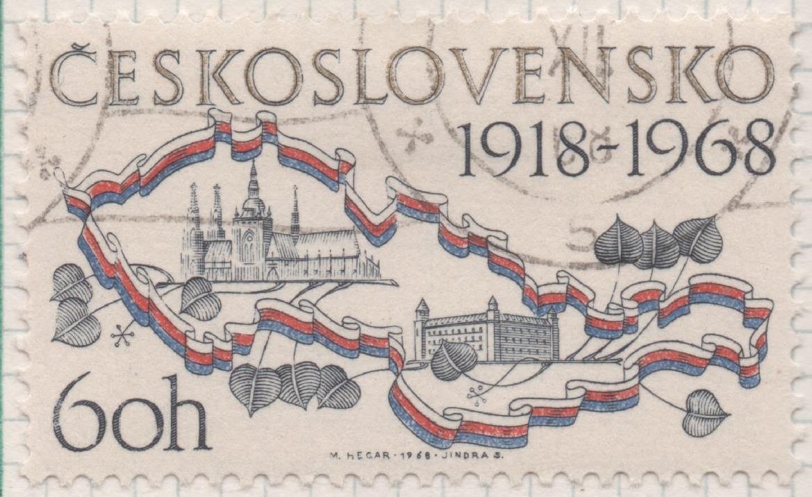 Sello E01526: hoja 98, Checoslovaquia: Sello Multicolor, dentado. 50º Aniversario de la Republica. Praga y Bratislava, 60 Haleru