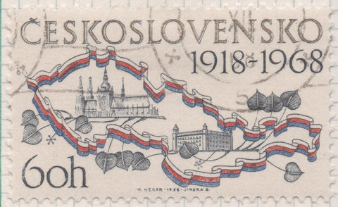Sello E01526: hoja 98, Checoslovaquia: Sello Multicolor, dentado. 50º Aniversario de la Republica. Praga y Bratislava, 60 Haleru