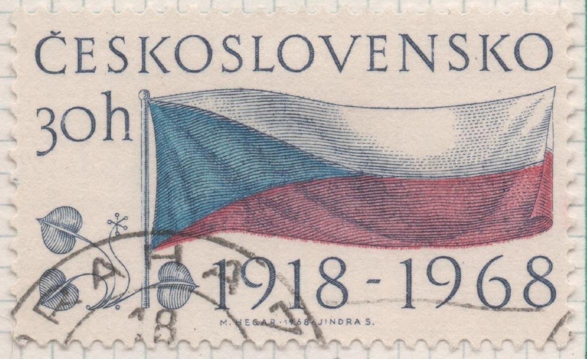 Sello E01525: hoja 98, Checoslovaquia: Sello Multicolor, dentado. 50º Aniversario de la Republica. Bandera Nacional, 30 Haleru