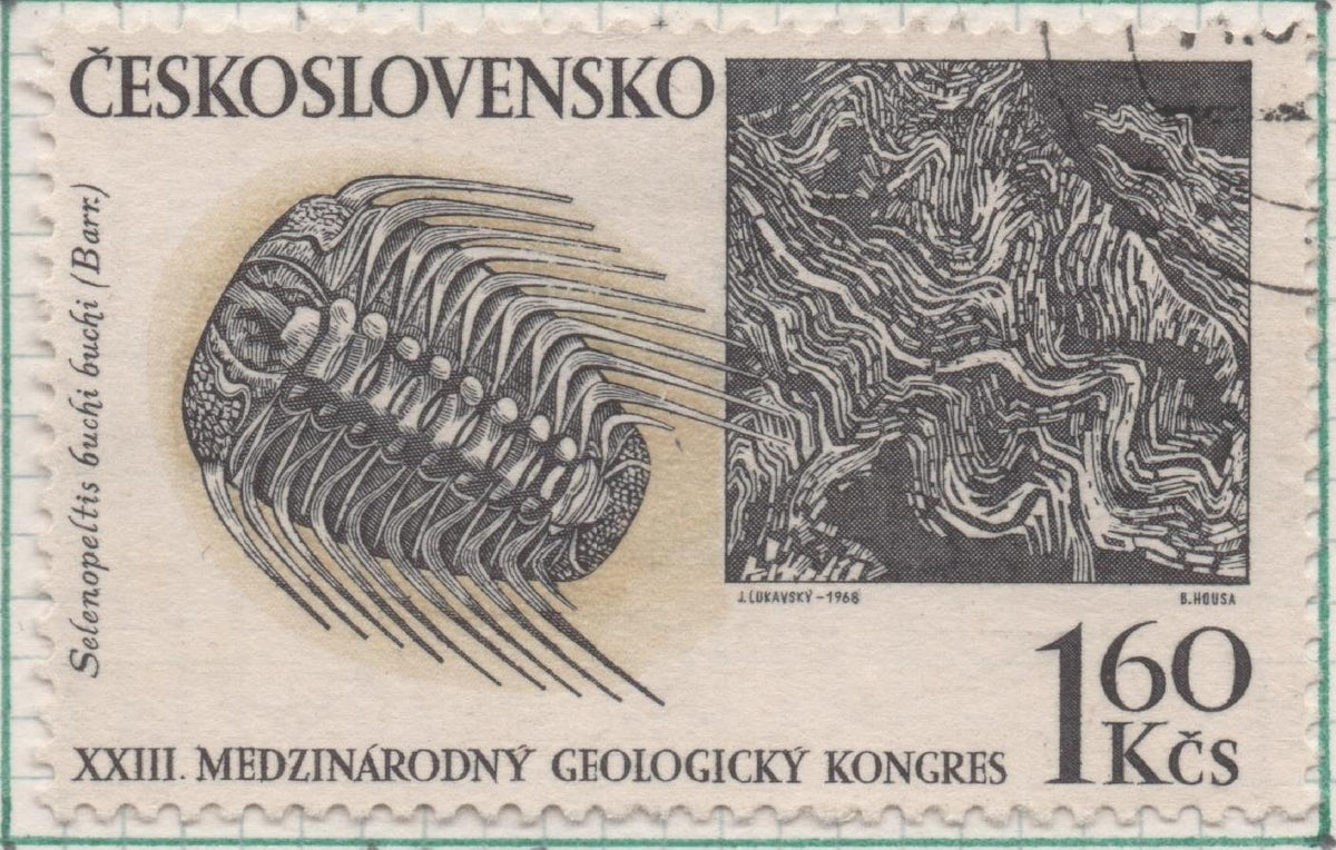 Sello E01522: hoja 98, Checoslovaquia: Sello Gris y amarillo, dentado. Congreso Internacional de Geología. Trilobite selenopeltis buchi buchi, 1,60 Koruny