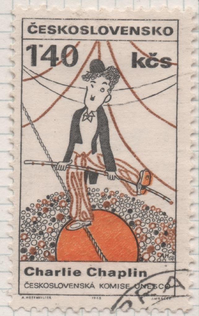 Sello E01536: hoja 98, Checoslovaquia: Sello Multicolor, dentado. Caricaturas personajes populares siglo XX. Charlie Chaplin, 1,40 Haleru
