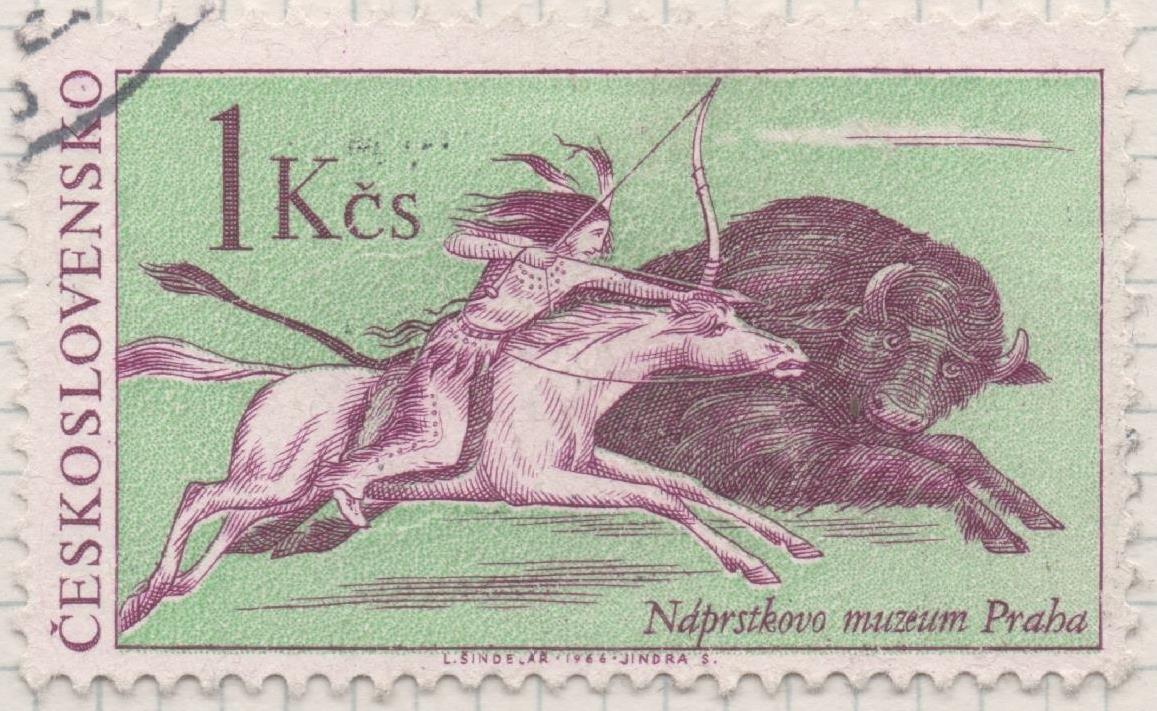 Sello E01350: hoja 86, Checoslovaquia: Sello Verde y lila, dentado, Indios Norteamericanos. Indio a caballo cazando búfalos, 1 Koruna