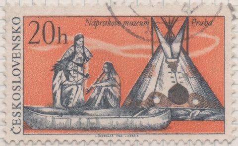 Sello E01349: hoja 86, Checoslovaquia: Sello Naranja y gris, dentado. Indios Norteamericanos. Indios, canoa y tipi, 20 Haleru