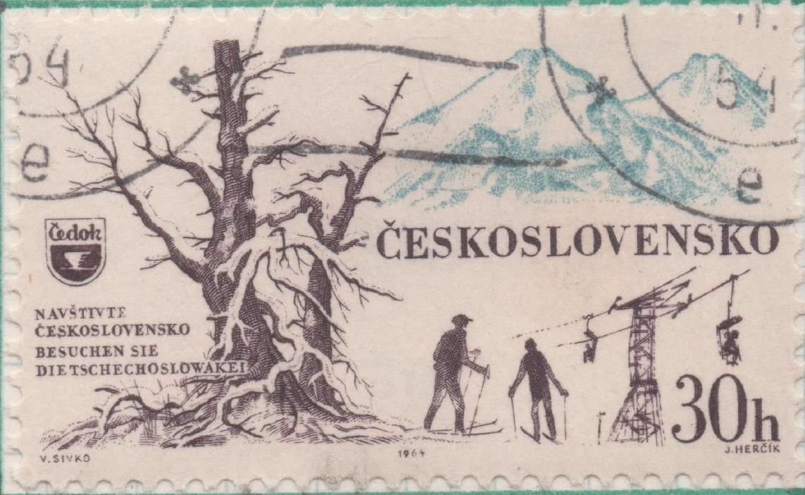 Sello E01179: hoja 77, Checoslovaquia: Sello Marron y Aul, dentado. Propaganda para el turismo. Montañas Belanske Tatra - Esquiadores, 30 Haleru 