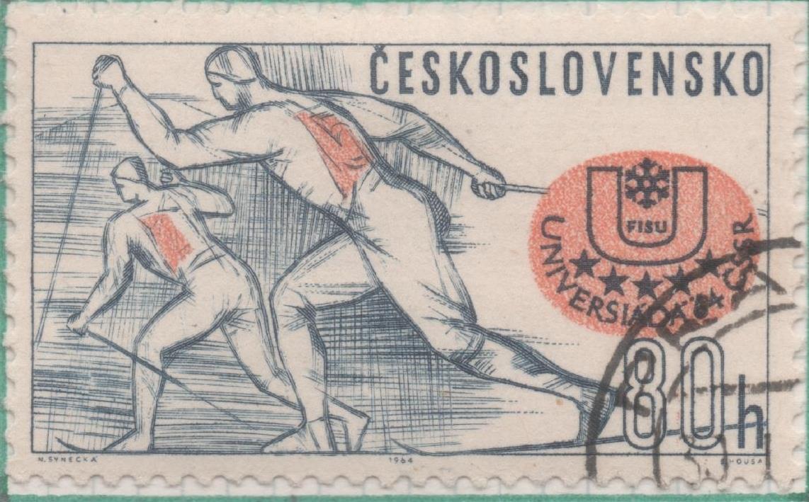 Sello E01177: hoja 77, Checoslovaquia: Sello Azul y naranja, dentado. Olimpiada Universitaria. Sky de fondo, 80 Haleru