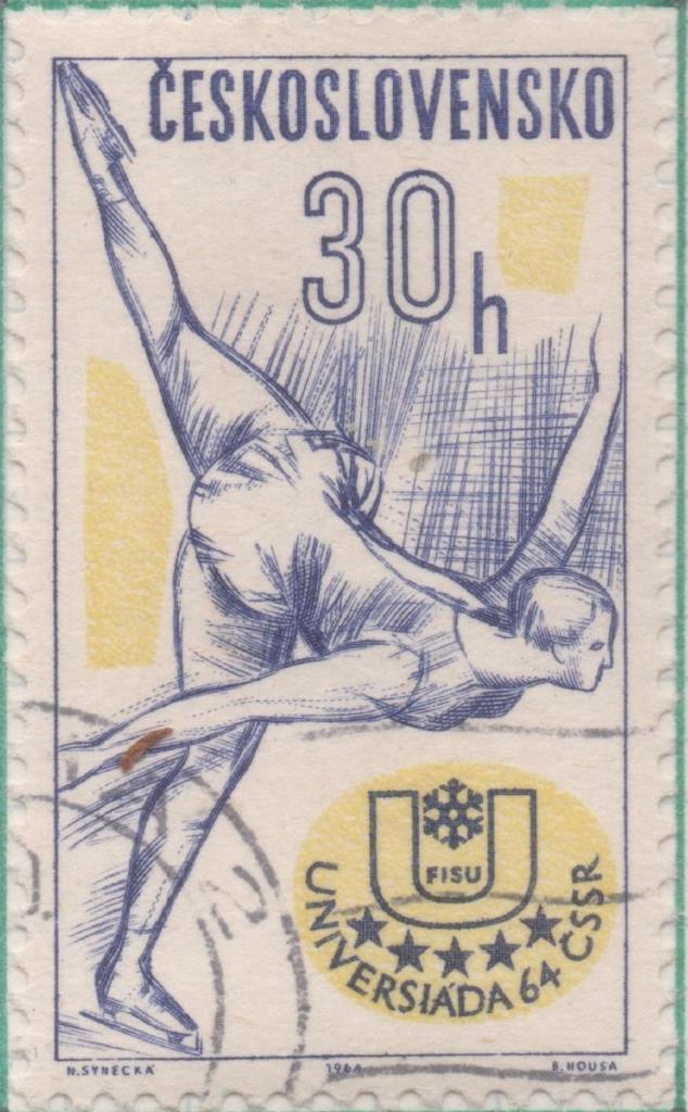 Sello E01176: hoja77, Checoslovaquia: Sello Lila y amarillo dentado. Olimpiada Universitaria. Patinaje sobre hielo, 30 Haleru