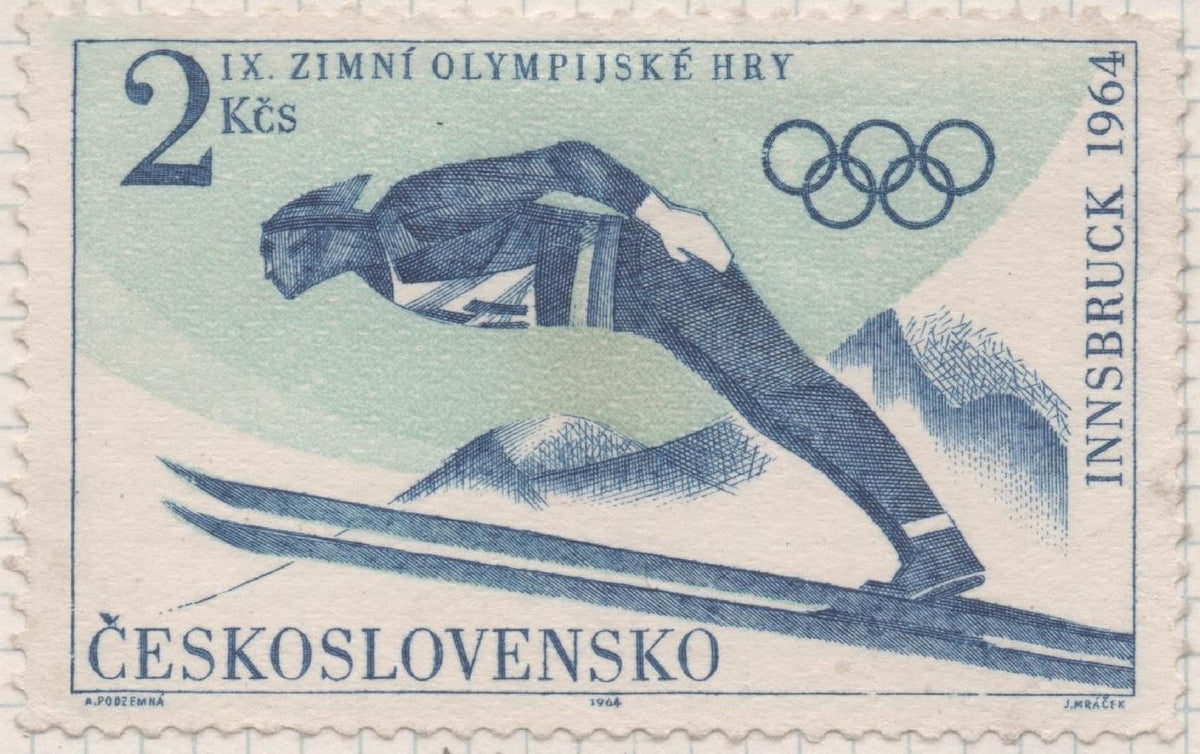 Sello E01175: hoja 77, Checoslovaquia: Sello Azul oscuro y verde dentado. Juegos Olimpicos de Invierno de Innsbruck. Slto de Sky, 2 Koruny