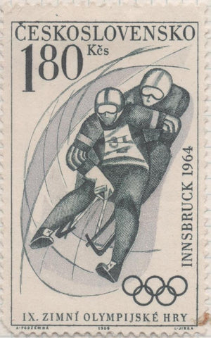 Sello E01174: hoja 77, Checoslovaquia: Sello Verde y zul dentado. Juegos Olimpicos de Invierno de Innsbruck. Trineo, 1,80 Koruna