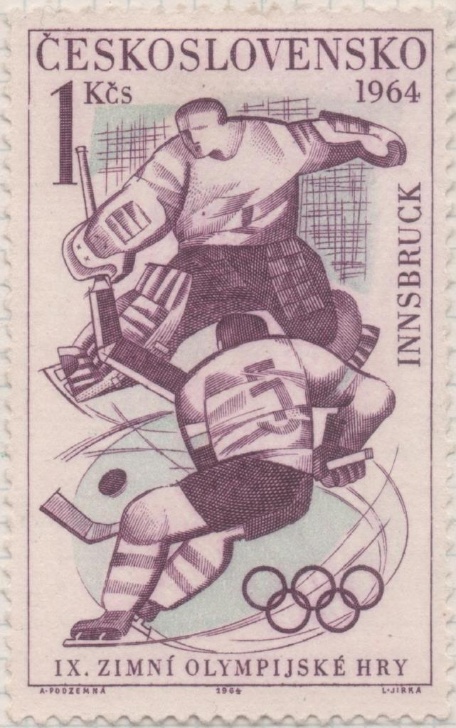 Sello E01173: hoja 77, Checoslovaquia: Sello Violeta y azul dentado. Juegos Olimpicos de Invierno de Innsbruck. Hokey Hielo, 1 Koruna