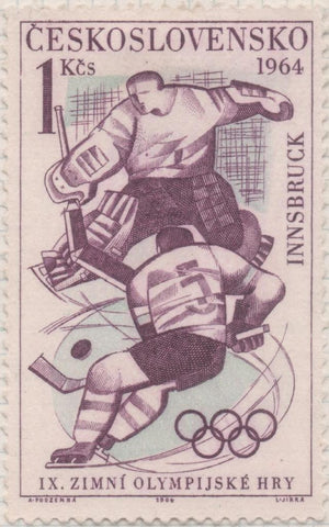 Sello E01173: hoja 77, Checoslovaquia: Sello Violeta y azul dentado. Juegos Olimpicos de Invierno de Innsbruck. Hokey Hielo, 1 Koruna