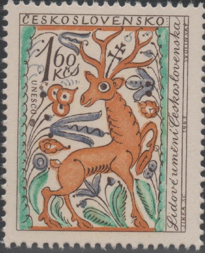 Sello E01170: hoja 77, Checoslovaquia: Sello Multicolr dentado. Unesco. Ciervo, 1,60 Koruna