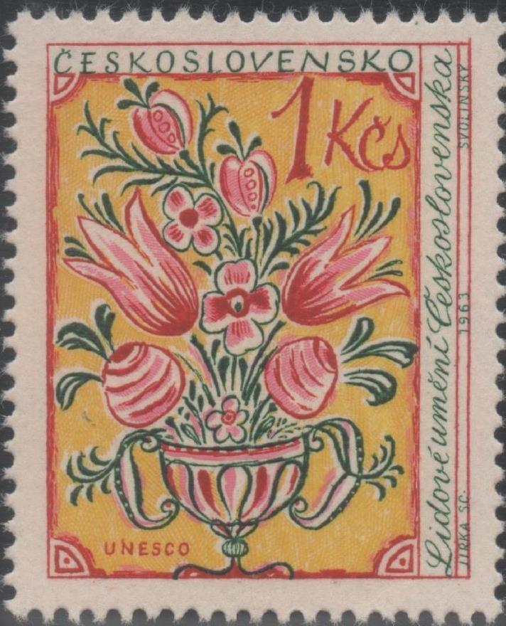 Sello E01169: hoja 77, Checoslovaquia: Sello Multicolor dentado. Unesco. Jarron de flores, 1 Koruna