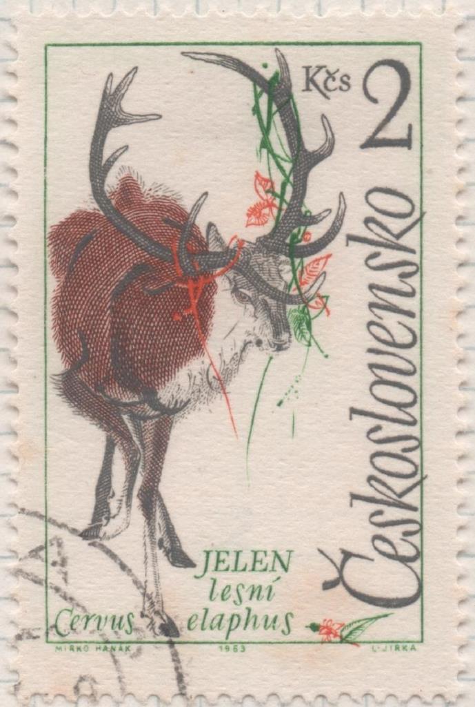 Sello E01163: hoja 76, Checoslovaquia: Sello Multicolor dentado. Animales del Monte Tatra. Cervus elaphus, 2 Koruny