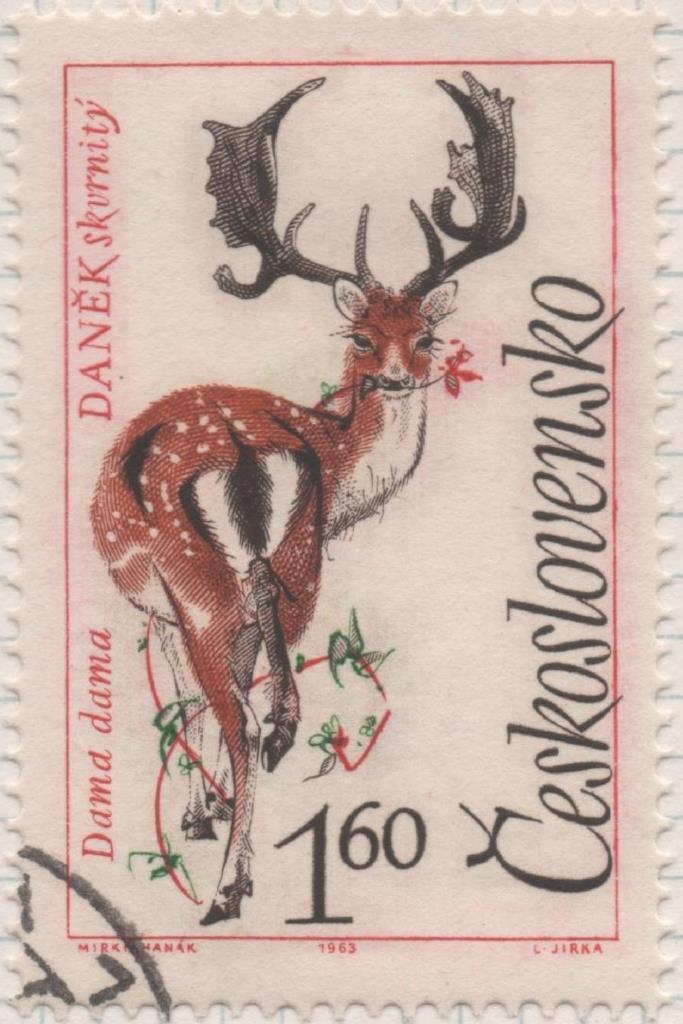 Sello E01162: hoja 76, Checoslovaquia: Sello Multicolor dentado. Animales del Monte Tatra. Dama dama, 1,60 Haleru