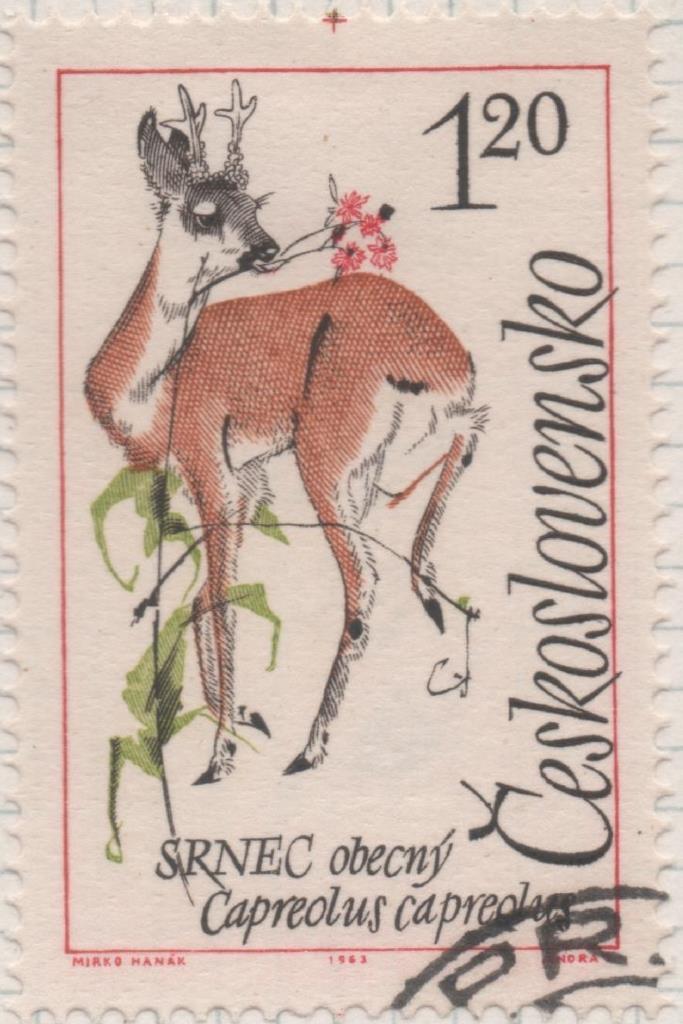 Sello E01161: hoja 76, Checoslovaquia: Sello Multicolor dentado. Animales del Monte Tatra. Capreolus capreolus, 1,20 Koruna