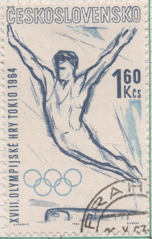 Sello E01157: hoja 76, Checoslovaquia: Sello Azul oscuro dentado. XVIII Olimpiadas de tokio. Gimnasia, 1,60 Koruna
