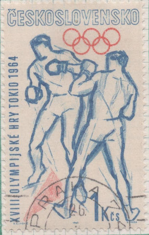 Sello E01156: hoja 76, Checoslovaquia: Sello Azul y naranja dentado. XVIII Olimpiadas de Tokio. Boxeo, 1 Koruna