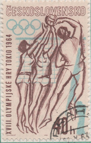 Sello E01153: hoja 76, Checoslovaquia: Sello Marron y azul dentado. XVIII Olimpiadas de Tokio. Volleyball, 40 Haleru