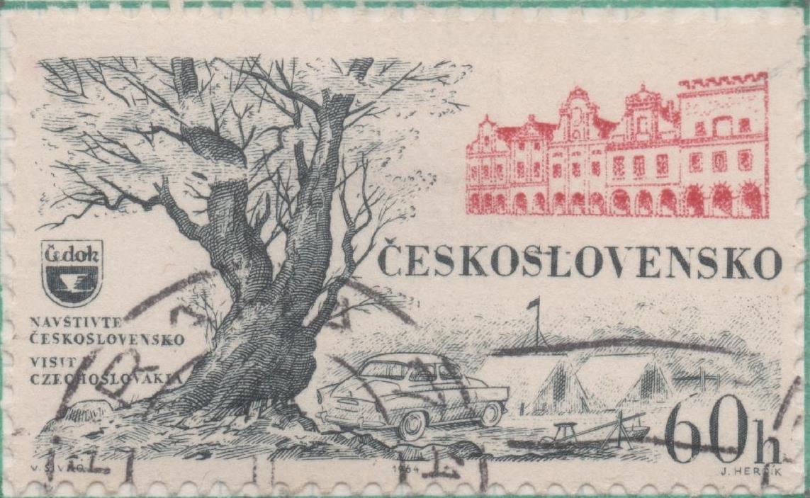 Sello E01180: hoja 77, Checoslovaquia: Sello Azul oscuro y rojo, dentado. Propaganda para el turismo. Telc,Moravia - Acampada, 60 Haleru