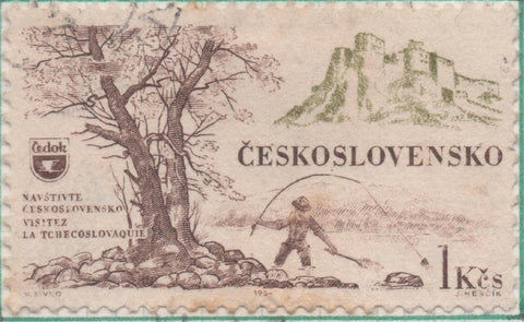 Sello E01181: hoja 77, Checoslovaquia: Sello Marron y verde, dentado. Propaganda para el turismo. Castillo de Spis, Eslovaquia - Pescador, 1 Koruna