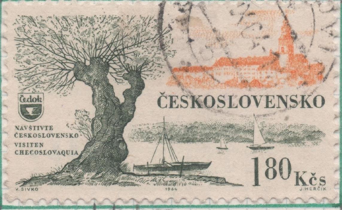 Sello E01182: hoja 77, Checoslovaquia: Sello Verde oscuro y naranja, dentado. Propaganda para el turismo. Cesky Krumlov,Bohemia - Velero, 1,80 Koruna