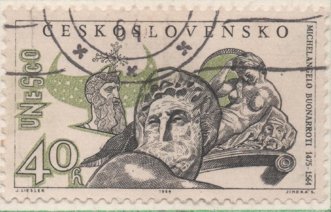 Sello E01183: hoja 78, Checoslovaquia: Sello Gris y verde, dentado. Aniversarios culturales UNESCO. Michelangelo, 40 Haleru