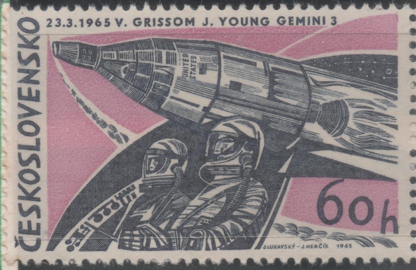 Sello E01213: hoja 79, Checoslovaquia: Sello Rosa oscuro, dentado. Logros Espaciales.Géminis, los astronautas Virgil Grissom y John Young, 60 Haleru, 3 Koruny