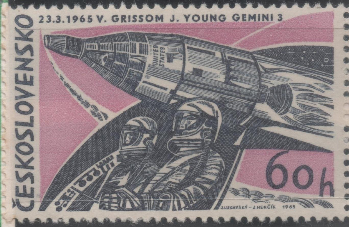 Sello E01213: hoja 79, Checoslovaquia: Sello Rosa oscuro, dentado. Logros Espaciales.Géminis, los astronautas Virgil Grissom y John Young, 60 Haleru, 3 Koruny