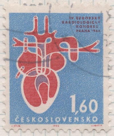 Sello E01210: hoja 79, Checoslovaquia: Sello Azul y rojo, dentado. IV Congreso Cardiológico Europeo, Praga, 1,60 Koruna