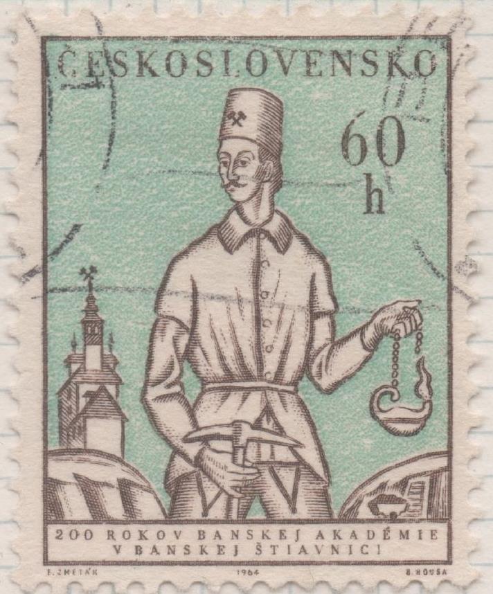 Sello E01208: hoja 79, Checoslovaquia: Sello Verde y gris, dentado. 200 Aniv de la Escuela de Minería en Banska Stiavnica, 60 Haleru